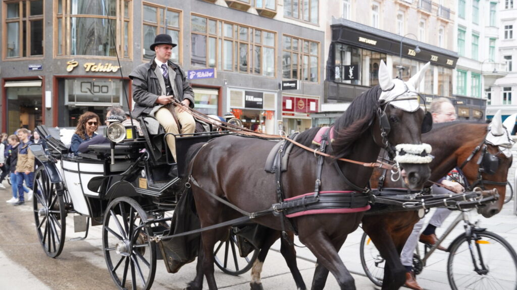 ウィーン旧市街を行く観光用の辻馬車と山高帽の御者
